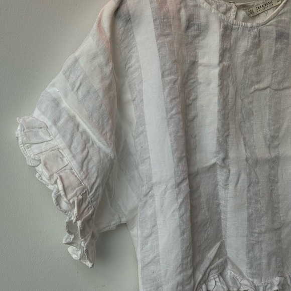 Zara Basic Collection White Linen Striped Ruffle Hem Top XS - Picture 2 of 7